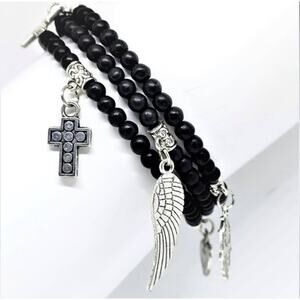 Black Bead Charm Bracelet /Necklace hamsa cross moon wing heart stars